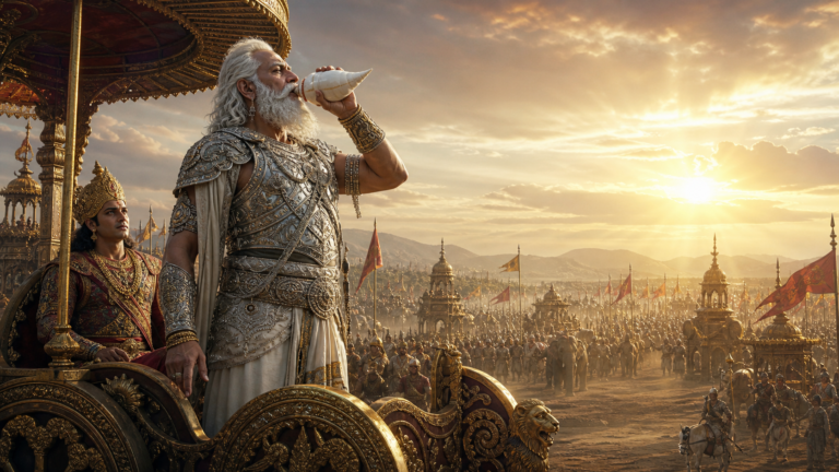 Bhishma, the white-haired elder of the Kuru dynasty, sounding a conch from his chariot at sunrise on the Kurukshetra battlefield